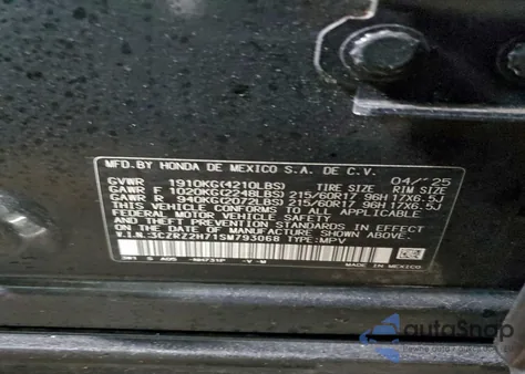 2025 Honda Hr-V Exl z USA, uszkodzony, nr VIN 3CZRZ2H71SM793068